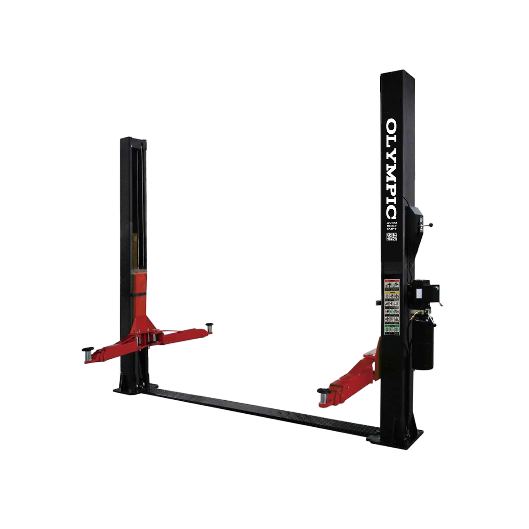 Model: Olympic 2PBP-10 / 10,000-lb Base Plate 2-Post Lift / Dual Point Lock Release / 2-Stage Arms / 2-Stage Foot Pads / 110? H × 130? W / 10-Year Warranty / SHIPS FREE!